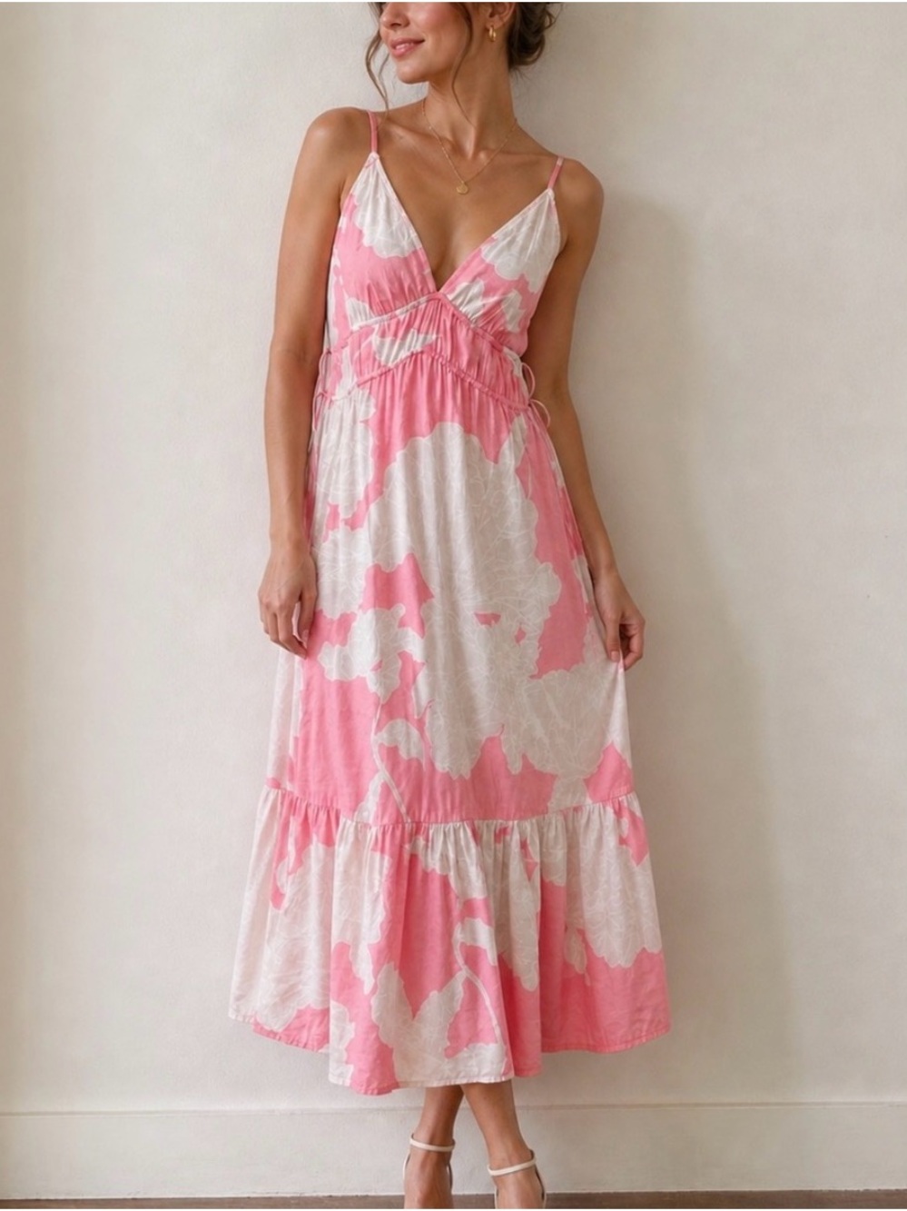 H&M Pink, Cream And White Floral Midi Dress, V-Neck And Tiered Skirt Size S, NWT